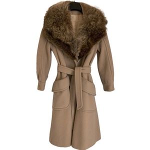Vtg 70s Tan Wool Raccoon Fur Collar Wrap Coat PS